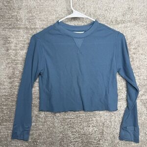 Athleta Girl Long Sleeve Girls‎ Size 7 Blue Ribbed Cropped Top Shirt Thumbholes